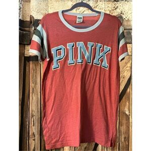 Victoria Secret PINK LOGO Cotton Shirt Small Pink  Red Short Sleeve!